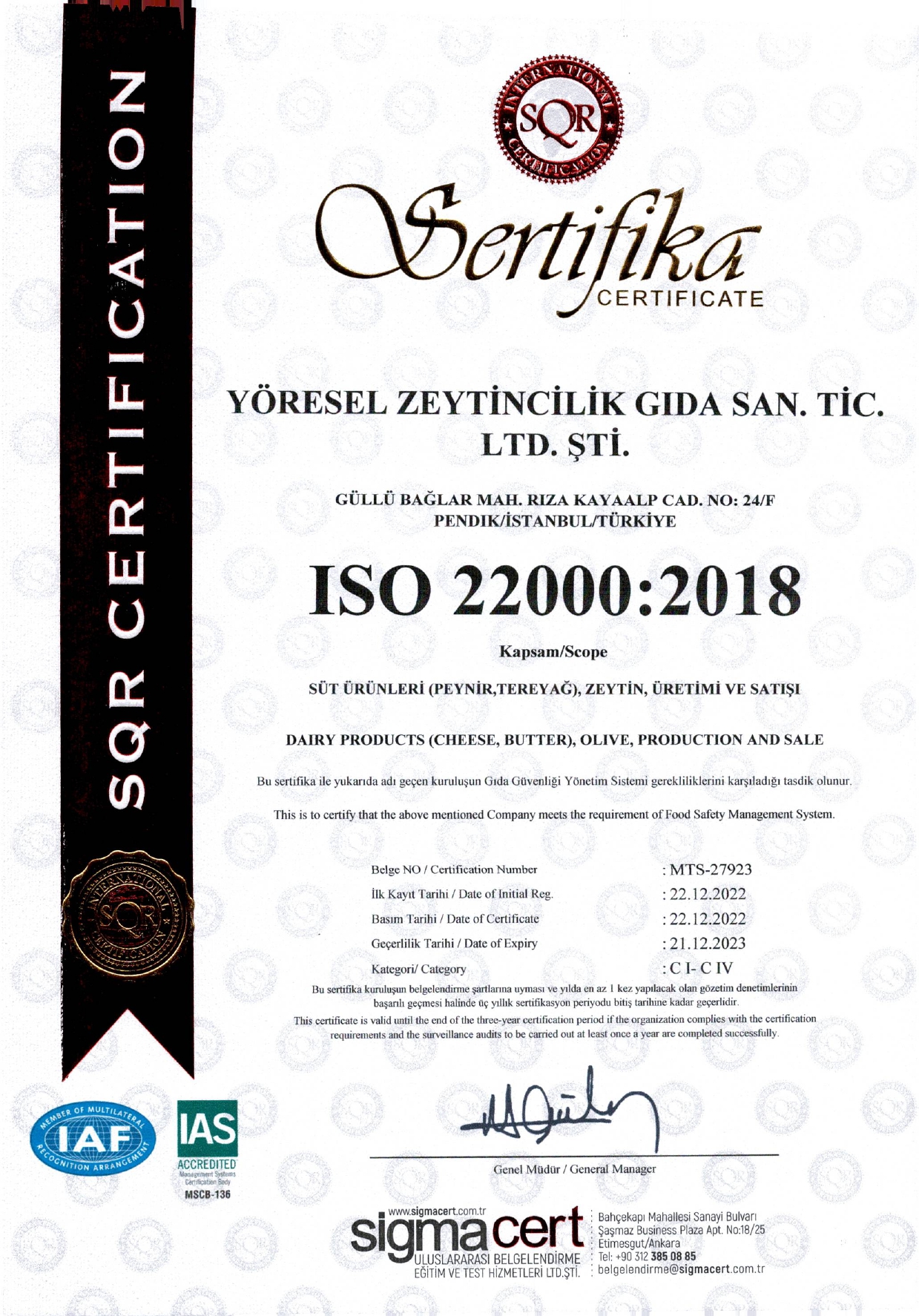 ISO 22000:2018 Kalite Sertifikası